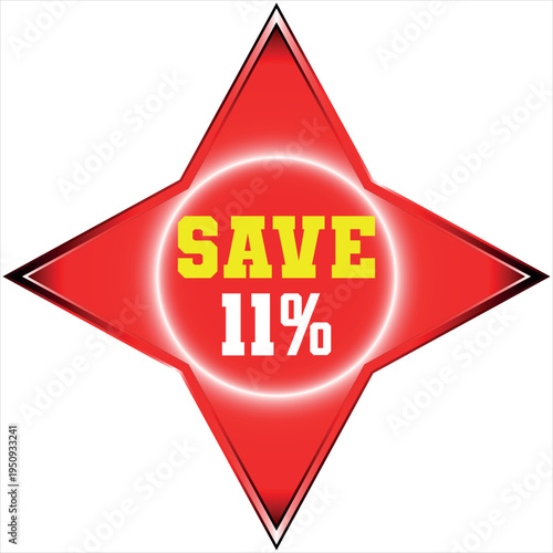 Red starburst with yellow SAVE and Discount batch white 11 percent text sale discount