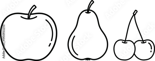 Set of minimalist outline fruit icons featuring apple pear and cherries perfect for healthy eating apps or grocery store branding