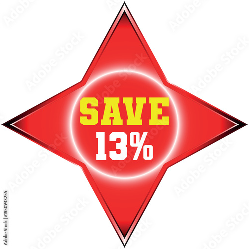 Red starburst with yellow SAVE and Discount batch white 13 percent text sale discount
