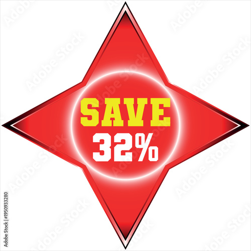 Red starburst with yellow SAVE and Discount batch white 32 percent text sale discount