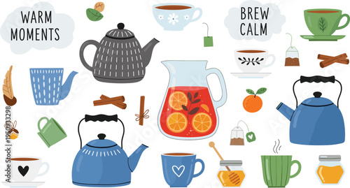 Tea time elements collection including teapot cups herbs citrus honey and spices cozy beverage vector illustration set