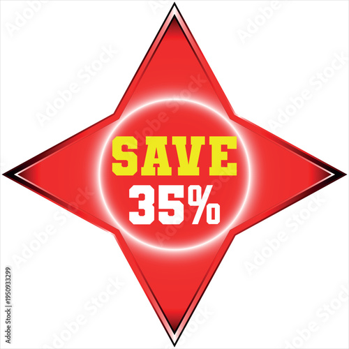 Red starburst with yellow SAVE and Discount batch white 35 percent text sale discount