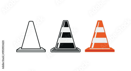 Three traffic cones in different designs and colors on for construction or roadwork