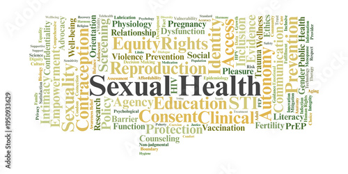 Sexual Health Word Cloud. A professional overview of essential concepts regarding reproductive health, consent, disease prevention, and the promotion of safe and equitable sexuality.
