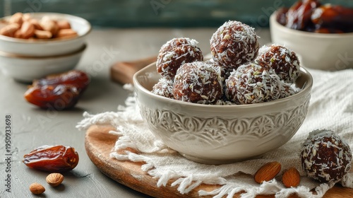 Healthy date energy balls with shredded coconut and almonds