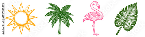 Tropical summer icons set featuring sun palm tree flamingo and leaf in vintage engraving style, ideal for summer themes, travel designs and tropical branding