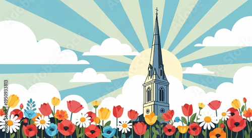 Vibrant church steeple rises among colorful tulips and daisies under sunny sky with rays