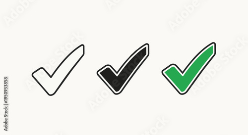 Three checkmarks in white, black, and green colors on isolated for approval and confirmation