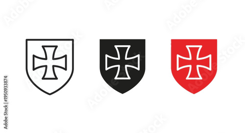 Three heraldic shield icons with cross on for design