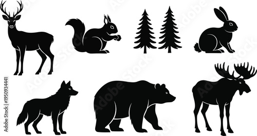 Collection of black silhouette forest animals and pine trees vector graphic elements for nature-themed designs and educational materials isolated on white background