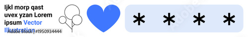 Online privacy, digital security, secure communication, internet connectivity, online interaction, personal data protection. Heart symbol and password field in blue. Online privacy and digital