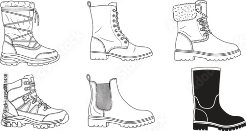 Vector set of various boot styles including winter hiking and fashion footwear presented as detailed outline illustrations for design projects
