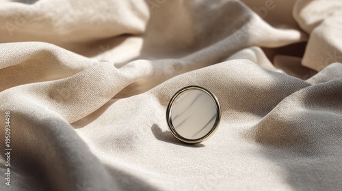 Minimalist circular mirror on a beige fabric background