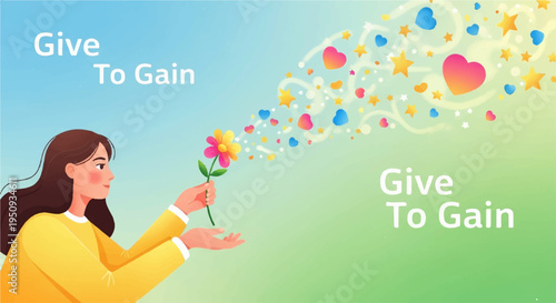 Woman giving colorful heart flowers symbolizing kindness and generosity against a vibrant gradient background with a heartfelt message