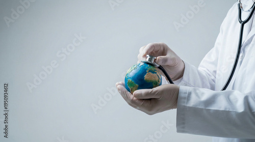 Doctor hands holding a miniature earth globe with a stethoscope listening to it symbolizing world corporate health day global medical care and international wellness concepts.
