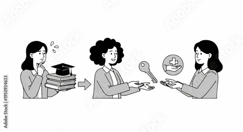 Woman transforms from stressed student with books and graduation cap to relaxed person enjoying free time with clock and tennis racket