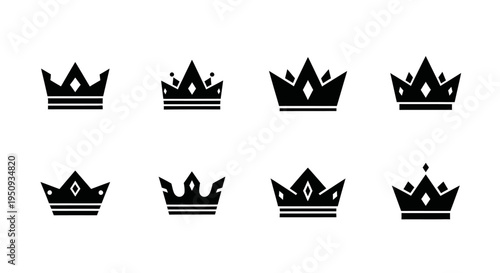 Collection of eight black crown icons on transparent background silhouette