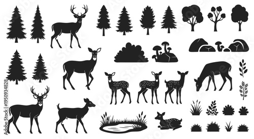Forest wildlife collection with deer trees and plants on transparent background silhouette