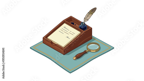 Isometric Vintage Writing Set with Feather Quill and Ink