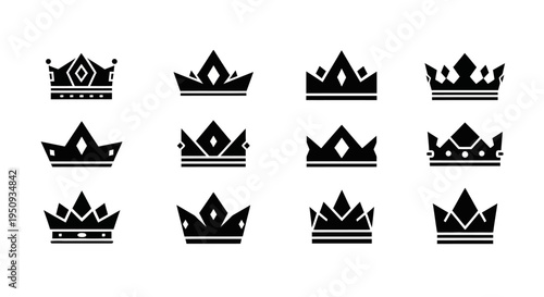 Collection of various black crown designs ideal for graphics on transparent background