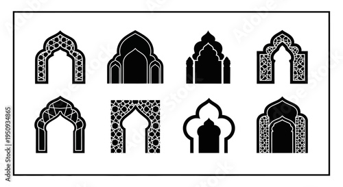 Collection of ornate islamic archways a striking black silhouette on transparent background