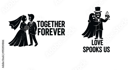 A newlywed couple and spooky love decorative graphic on transparent background silhouette