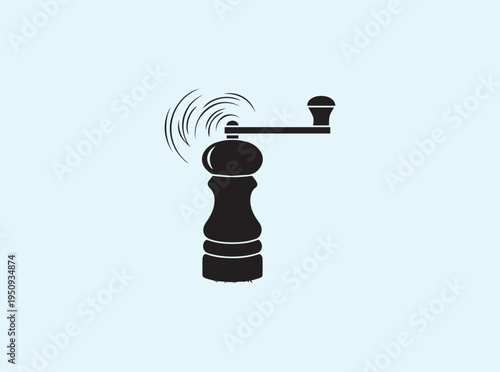 Minimalist vector of a grinder with rotating handle and falling spice