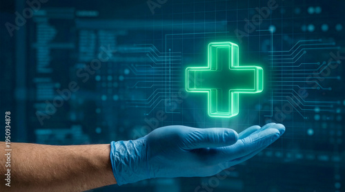 Glowing green medical cross floating above a caring doctor hand representing world corporate health day and modern digital healthcare innovations.
