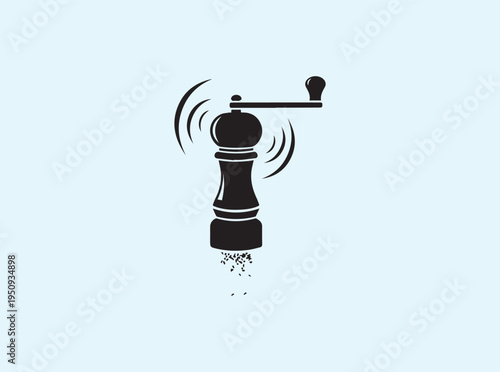 Kinetic spice mill icon featuring a crank handle and spiral motion lines