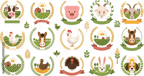 Farm Animal Badge and Emblem Set with Cow Pig Sheep Goat Horse Chicken Duck Rabbit Dog and Rural Agriculture Wreath Vector Illustration