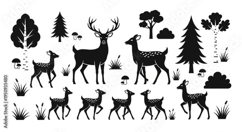 Black silhouette forest scene with deer trees and mushrooms on transparent background