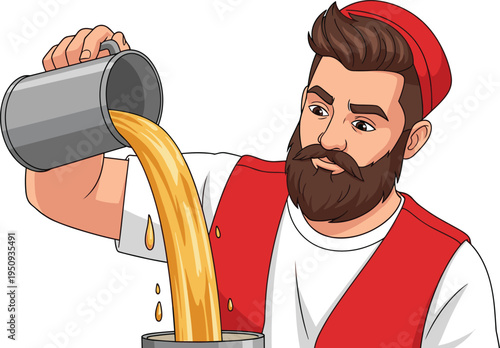 Street chai vendor pouring hot tea from kettle traditional beverage preparation vector illustration