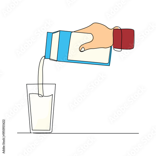 Continuous line sketch drawing of hand pouring paper box carton of fresh milk juice into glass. Product package one single line art concept vector illustration editable stroke