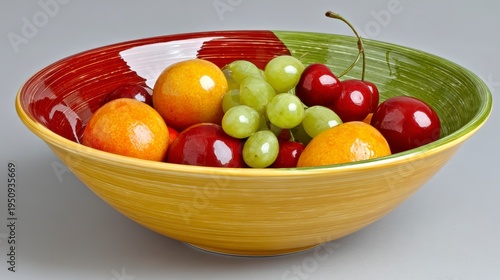 Colorful Ceramic Bowl Overflowing With Fresh Ripe Fruits Including Oranges Grapes and Cherries Studio Shot