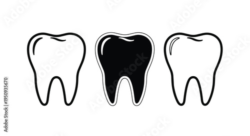 Three teeth icons in black and white on a plain for dental health concepts