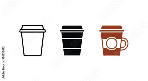 A set of disposable coffee cup icons in various colors and styles for design use