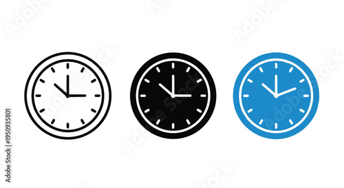 Three clocks in black, white, and blue on a for time and schedule concepts