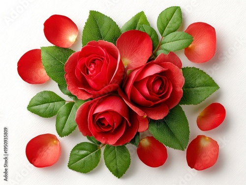 Three Red Roses With Green Leaves And Petals On White Background