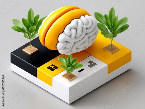 Abstract Concept of Brain Health with Plants on Geometric Platform