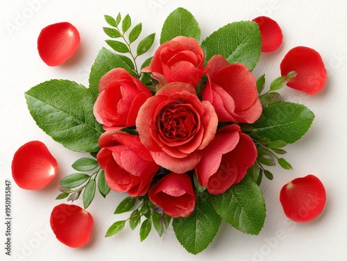 Red Roses With Water Droplets And Green Leaves On White Textured Background