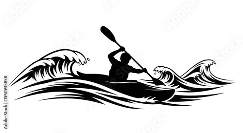 Man Kayaking in Rough Ocean Waves, Black and White Sea Adventure Vector Illustration