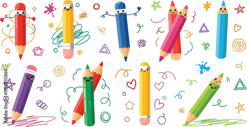 Cute Cartoon Pencil Characters Set with Funny Faces Doodles Stars Hearts and Creative School Drawing Elements Vector Illustration Collection