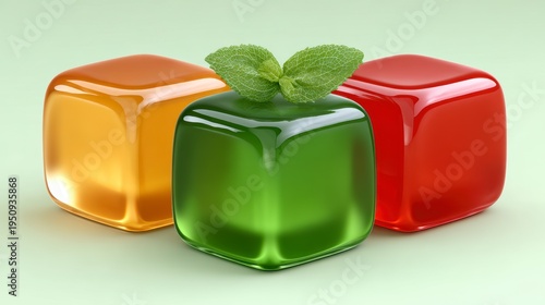 Three Glossy Cube Shaped Candies Orange Green and Red with Mint Leaves on Light Green Background