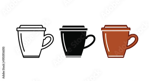 Three colorful coffee cups with lids and handles in a row on a plain white surface for breakfast or office use