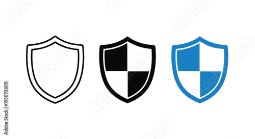 Three different shield logos with various colors and patterns