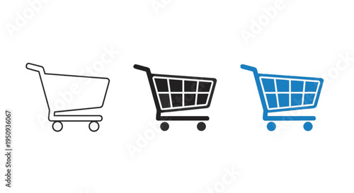 Three colorful shopping cart icons in different line art styles