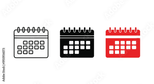 Three calendar icons in black, white, and red colors on a for organization and planning