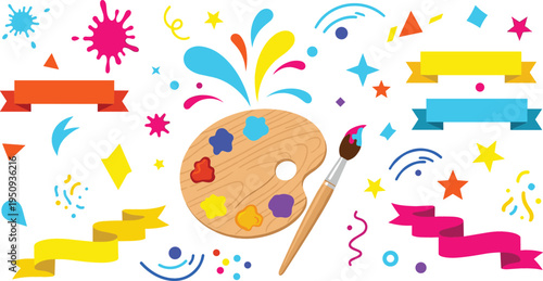 Colorful Paint Palette and Brush with Creative Splashes Stars Ribbons and Celebration Elements for Art Festival Party Design Vector Illustration