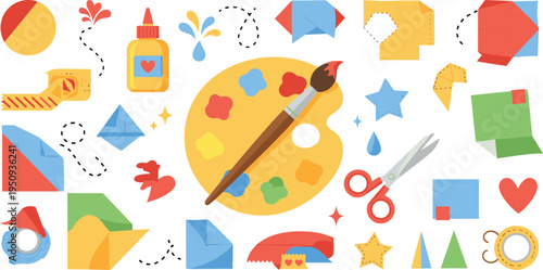 Creative Paper Craft and Art Supplies Set with Paint Palette Brush Glue Scissors Origami Shapes and DIY Crafting Elements Vector Illustration