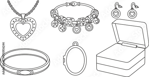 Photos Diverse collection of outline vector jewelry pieces including a heart pendant ne